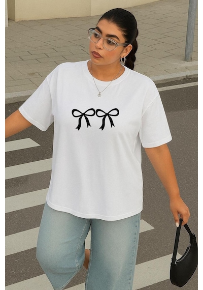 Büyük Beden 2 Li Kurdela Baskılı Unisex Tişört Beyaz