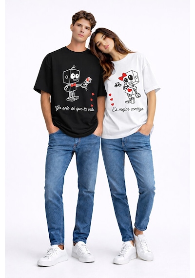 Sevgili Kombini Robot Baskılı Çift Tişört Oversize Unisex Partner Siyah - Beyaz