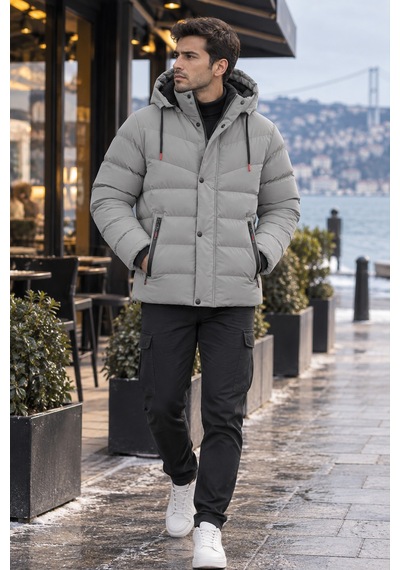 Luxic Core Luxıc Core Erkek Kapüşonlu Şişme Mont İçi Polarlı Kalın Kışlık Su İtici Günlük Mont Gri