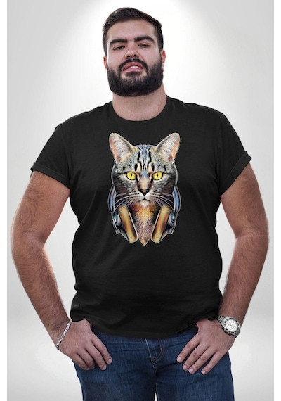 Angemiel Kulaklık Kedi Siyah Büyük Beden Erkek Kadın Unisex Basic Ön Baskılı Tişört Siyah