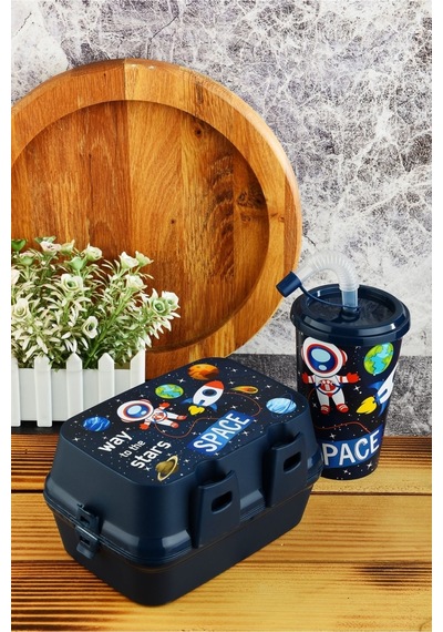 İki Katlı Bölmeli Beslenme Kutusu+kapaklı Pipetli Bardak 400 Ml.