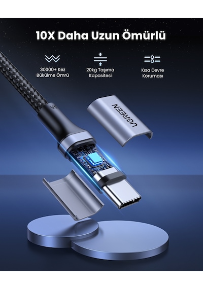 Ugreen Usb-c 100w 5a Qc Pd Örgülü Hızlı Şarj Kablosu, 2 M, Siyah, 70429