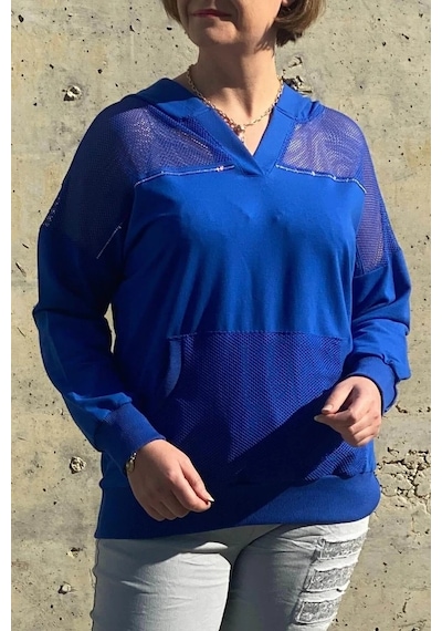 Mia Butik Kadın Saks Mavi File Detaylı Bluz Saks Mavi