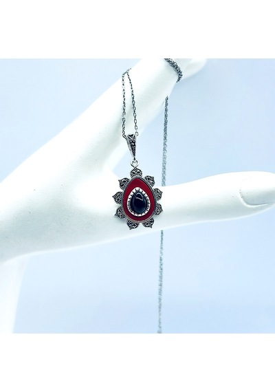 Kırmızı Mine Ve Oltu Taşı İşçilikli 925 Ayar Gümüş Kolye Kırmızı