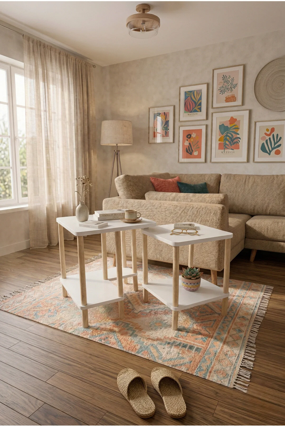 Modern Minimal Tasarım Yan Sehpa Dekoratif Ahşap Zigon Sehpa 2li Set 40 50cm Beyaz