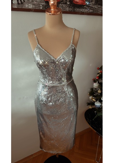 Chica Rosa Fashion Gümüş Pullu Askılı Midi Elbise