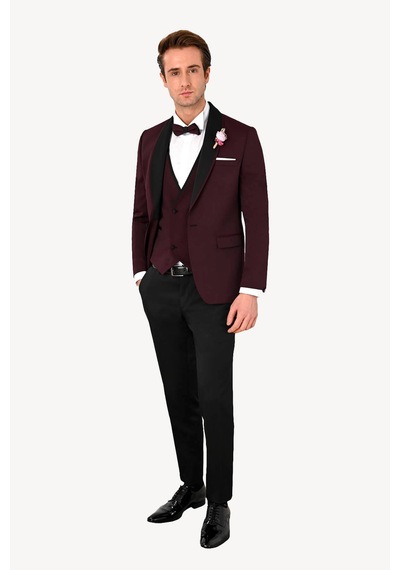 Ysf Erkek Bordo Slim Fit Yelekli Çıkma Şal Yaka Damatlık