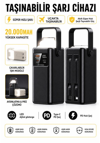 20.000mah Taşınabilir Şarj Cihazı Powerbank Fenerli E Modlu Dijital Göstergeli Micro Usb Type-c Şarj Kablolu Taşıma Kollu Kısa Devre Korumalı siyah