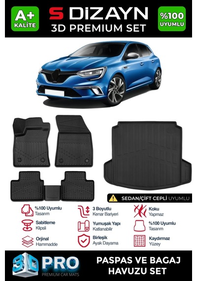 S-dizayn Renault Megane 4 Sedan 3d Pro Havuzlu Paspas Ve Çift Kulak Bagaj Havuzu Seti 2'li Set 20