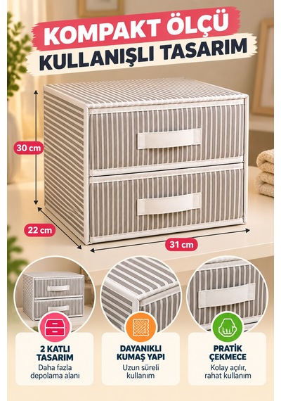 2 Katlı Çekmece Organizer Gri Çizgili Çorap İç Çamaşırı Dolap İçi Düzenleyici 31x30x22 Cm Organizer.