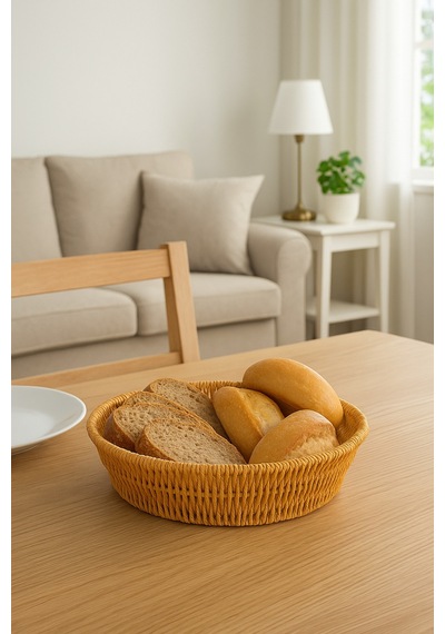 Yuvarlak Örgü Hasır Ekmek & Servis Sepeti 25 Cm Bej