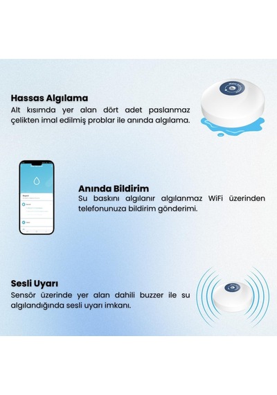 Tr Wifi Su Baskını Sensörü - Dahili Alarmlı Tuya, Smart Life Uyumlu