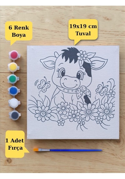 Tuval Boyama Sevimli İnek Baskılı Çocuklara Özel Aktivite Seti 19x19 Cm Tuval, Fırça Ve 6 Renk Akrilik Boya Seti