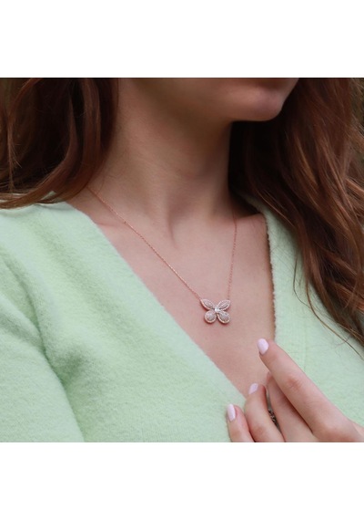 Kelebek Model Beyaz Zirkon Taşlı Rose Gold Kaplama Gümüş Kolye Gümüş
