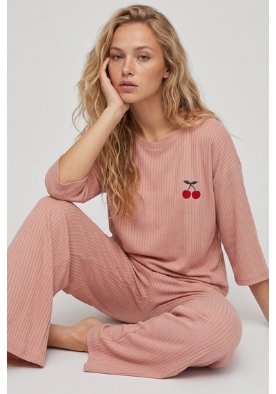Siyah İnci Soft Touch Ince Örme Nakışlı Pijama Takım Koyu Somon