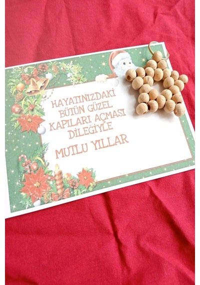 25 Adet Naturel Yıldız Anahtarlık - Ahşap Yıldız - Noel Baba Kart