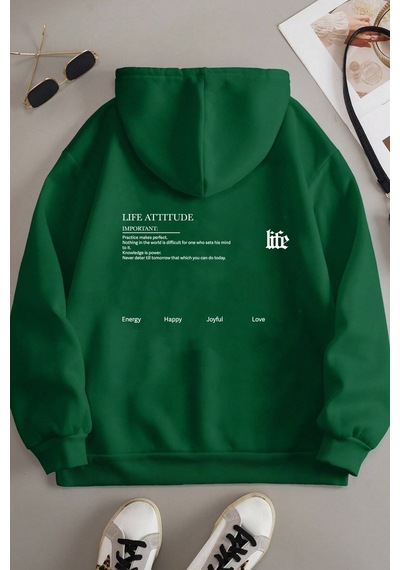 Oversize Life Baskılı Sweatshirt Yeşil