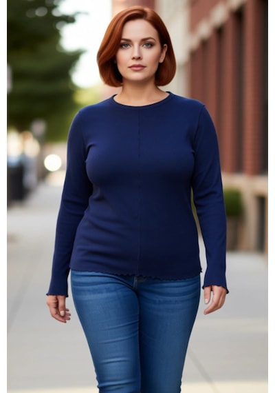 Ersefa Stil Kadın Fitilli Bluz Crop Örme Fitted Kalıp Büyük Beden Lacivert