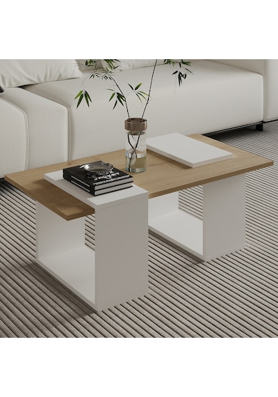 Matris Modern Orta Sehpa Geometrik Tasarım Ve Şık Detaylar Beyaz/safir Meşe