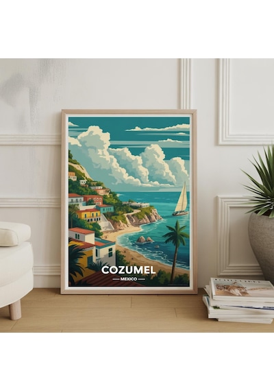 Cozumel Meksika Seyahat Posteri Sanatsal Manzara Duvar Dekoru Suluboya Sanat Baskısı