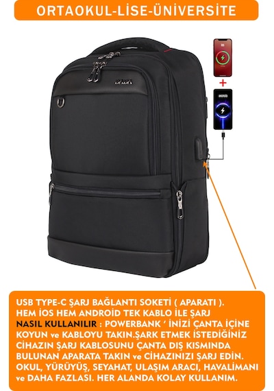 Körüklü Siyah Okul Sırt Çantası Lise Üniversite Unisex Su Geçirmez Kumaş 14"-15,6" İnç Siyah
