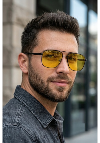 Di Caprio Dc3053ar Modern Square Antifar Polarize Camlı Erkek Güneş Gözlüğü Siyah - Sarı