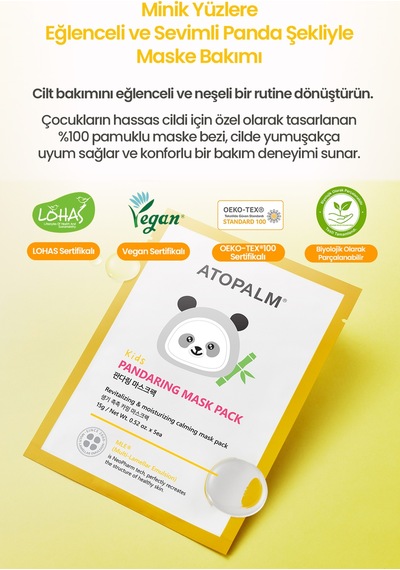 Çocuklara Özel, Nemlendirerek Rahatlatan Yaprak Maske Atopalm Pandaring Mask Pack Kids