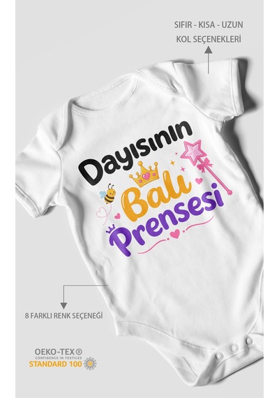 Morivokids Dayısının Ballı Prensesi Kısa Kollu Bebek Body %100 Pamuk Beyaz