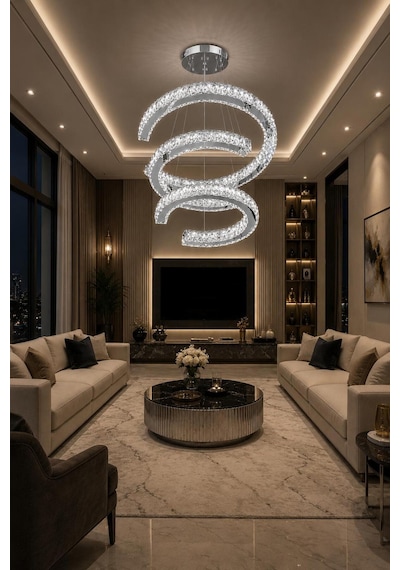 Modern Led Kristal Taşlı 3 Katlı Sarkıt Avize Salon Villa Oturma Odası Avizesi Gümüş