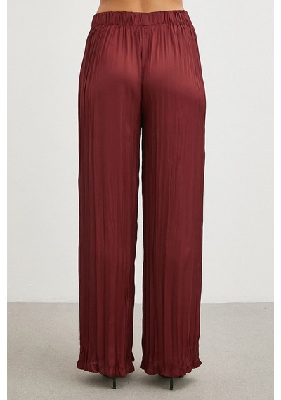 Uterpe Mürdüm Pliseli Saten Pantolon Bordo