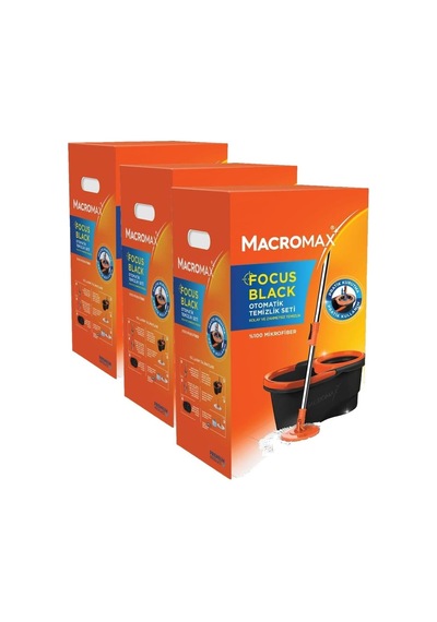 Focus Black Otomatik Temizlik Seti, Pedalsız Döner Sıkmalı 360 Başlıklı Mikrofiber Paspas 3 Paketi