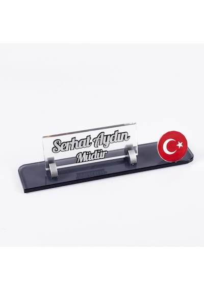 Ofistike Türk Bayrağı Logolu Gümüş Maydos Masa İsimliği