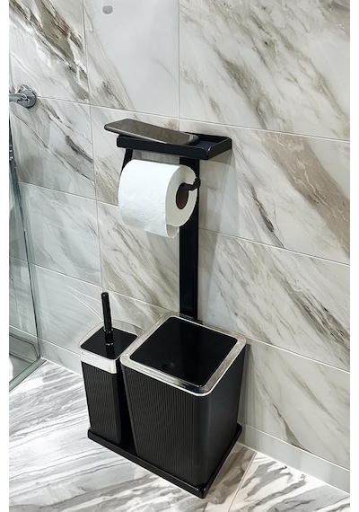 3'ü 1 Arada Banyo Seti Tuvalet Kağıtlık, Çöp Kovası Ve Tuvalet Fırça Takımı Set Çizgili Krom Siyah Diğer