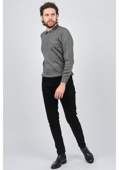 Çizgi Triko Erkek Cep Detaylı Polo Yaka Desenli Kazak 42544216 Gr Gri
