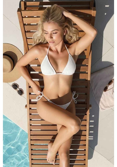 Angelsin Bağlamalı Alt Üst Pareo Üçgen 4'lü Brezilya Bikini Takım Set Çıkartılabilir Kaplı Beyaz