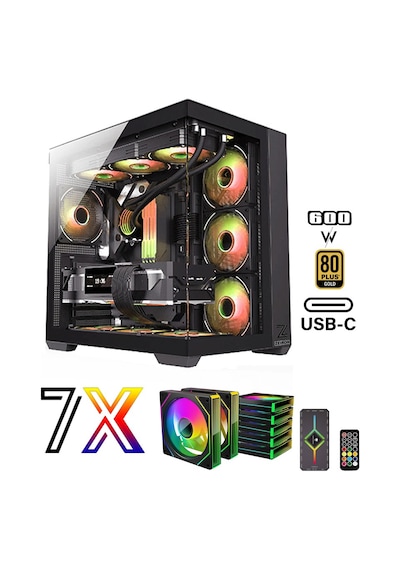 Zeiron Mirage X7 Tuş Ve Kumanda Kontrolcülü 7x120 Mm Gerçek Argb Fanlı 600w 80plus Psu Gaming Boş Akvaryum Bilgisayar