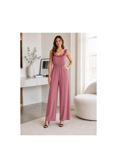 Unika Boutique Kadın Bürümcük Askılı Fırfırlı Bol Paça Tulum Pembe
