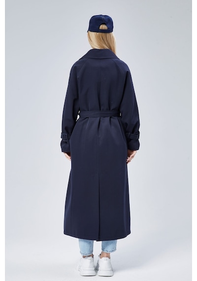 Kadın Oversize Kuşaklı Trençkot Lacivert