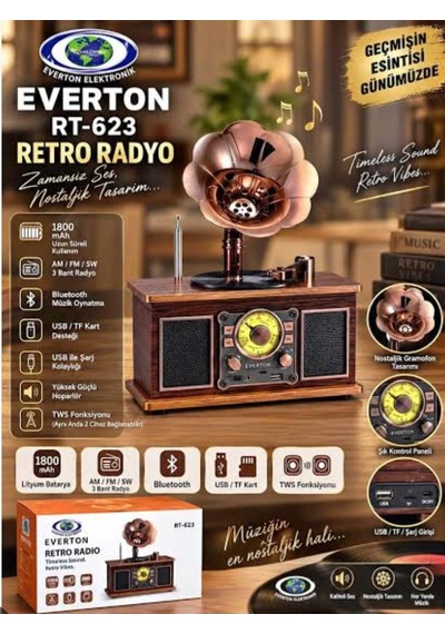 Rt-623 Nostalji Radyo Fm-usb-tf-aux 1800mah Retro Gramafon Radyo