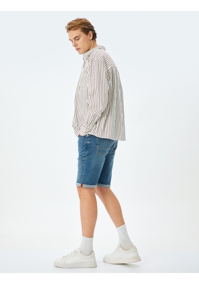 Koton Katlamalı Paça Bermuda Slim Fit Jean Şort Orta İndigo 5sam40009ıd İndigo