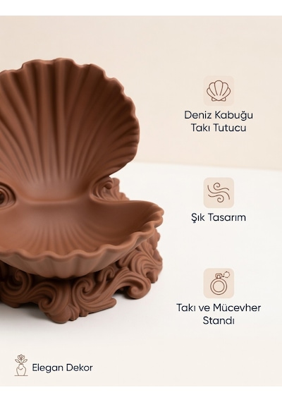 Deniz Kabuğu Tasarımlı Takı Standı - Dekoratif Mücevher Düzenleyici - Desenli Estetik Masa Üstü Obje Kahverengi