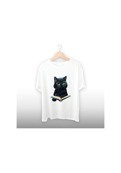 Gözlüklü Kedi Çizim Detaylı Unisex Tişört Beyaz