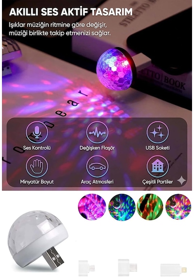 Rgb Usb Mini Disko Topu, Ses Sensörlü, Renkli Led, Parti Lambası, Taşınabilir Tek Renk