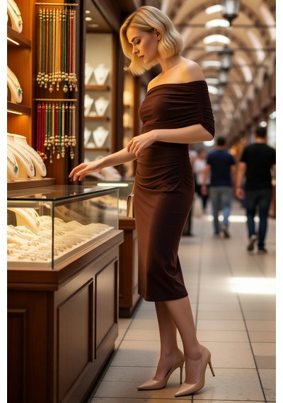 Benerly Kadın Bodycon Carmen Yaka Kolsuz Midi Elbise Esnek Örme Kumaş Ast Kahverengi