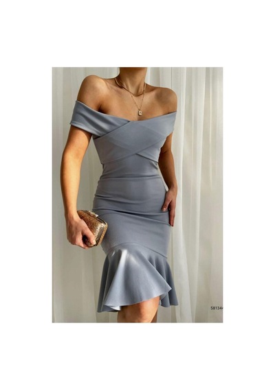 Store Krep Volanlı Yaka Madonna Elbise Kumaş Abiye Gri - 935903145 Gri