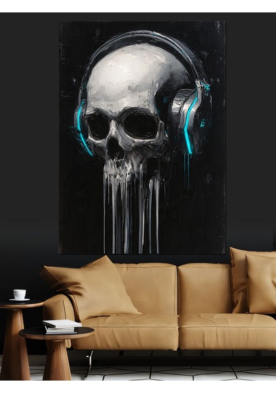 Ahşap Tablo Kulaklıklı Kafatası Müzik