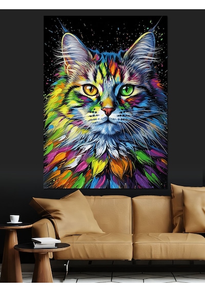 Ahşap Tablo Renkli Saykodelik Kedi Yüzü