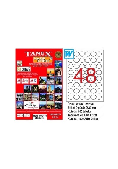 Tanex Laser Etiket 100 Yp 0.30 Mm Laser-copy-ınkjet Yuvarlak Tw-2130 Diğer
