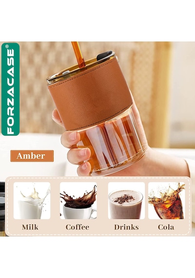 Forzacase 350ml Isıya Dayanıklı Deri Şeritli Pipetli Borosilikat Cam Bardak Çay Kahve - Fc1141 Amber