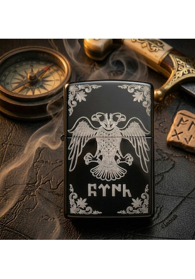 Çift Başlı Kartal Göktürkçe Türk Motifli Siyah Metal Benzinli Çakmak